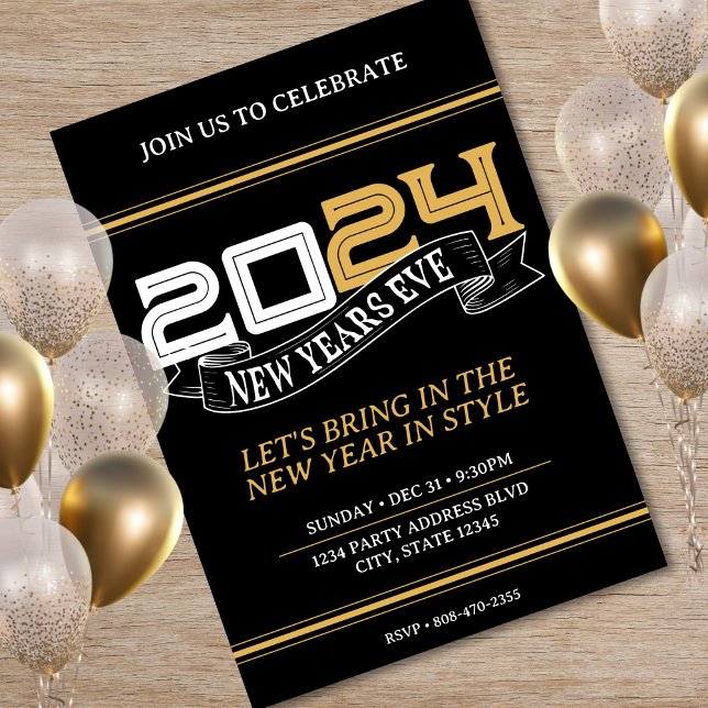 Black & Gold New Years Eve Party Banner 2024 Invitation (Black & Gold New Years Eve Party Banner 2024 Invitation)