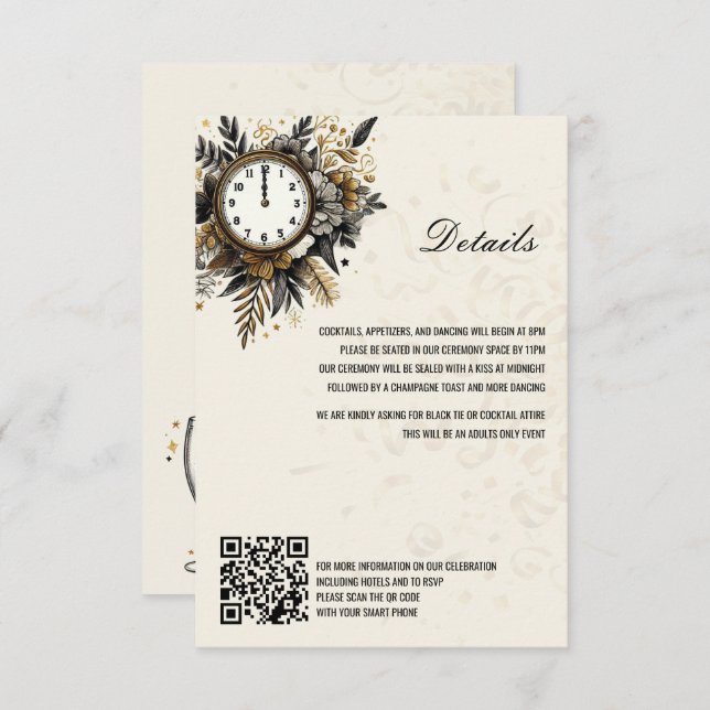 Black & Gold New Years Eve QR Details Enclosure Card (Front/Back)