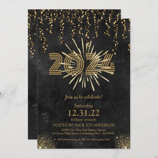 Black Gold New Years Invitation (Front/Back)