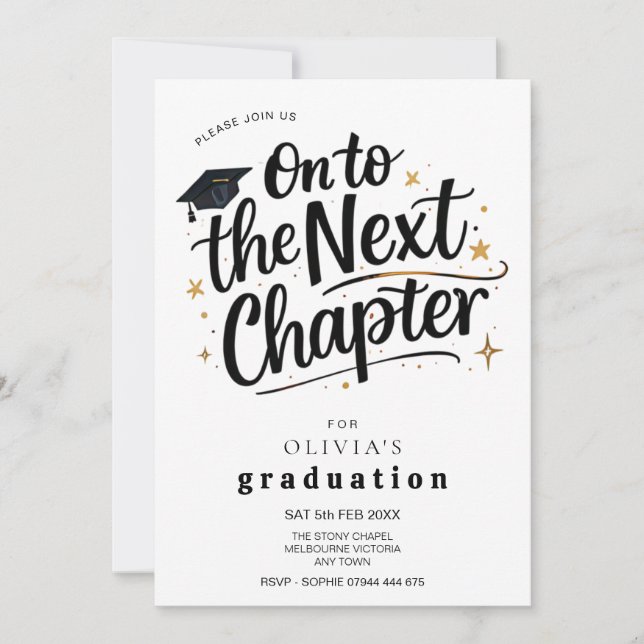 Black & Gold Next Chapter Graduation Party Invitation (Front)