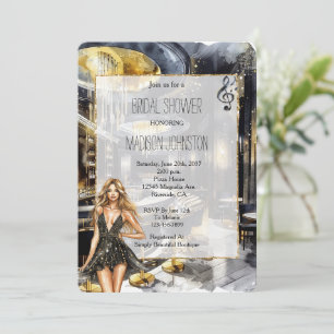 Black Gold Night Club Girl in Dress Bridal Shower Invitation