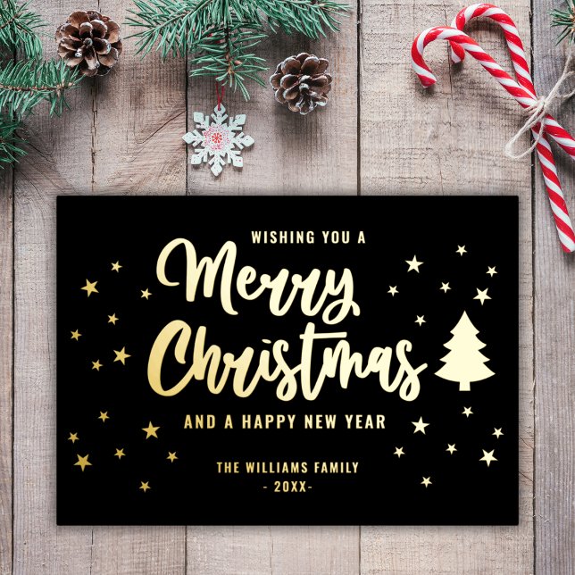 Black Gold Non Photo Family Name Merry Christmas Foil Holiday Card (Creator Uploaded)