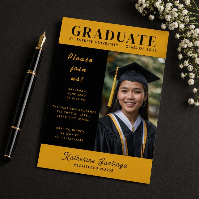 Black Gold Nursing Graduation Invitation (Black gold nursing graduation invitation with photo Class of 2026 modern design)