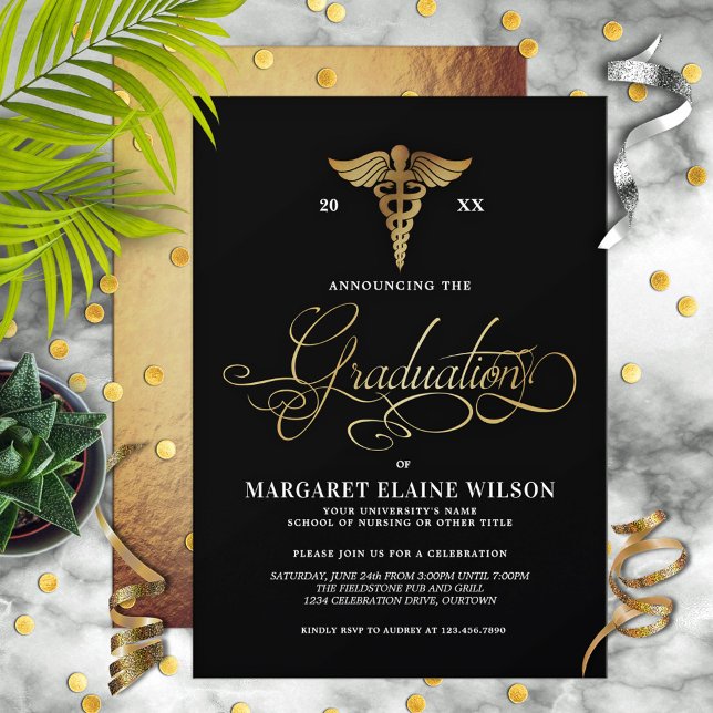 Black & Gold Nursing School Graduation Party Invitation (Creator Uploaded)