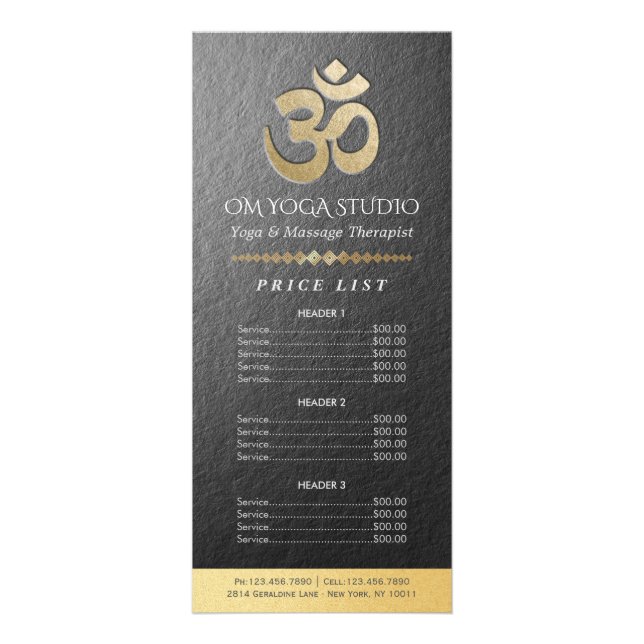 Black & Gold OM Symbol YOGA Instructor Price List Rack Card (Front)