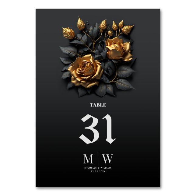 Black Gold Orange Roses Gothic Monogram Wedding  Table Number (Front)