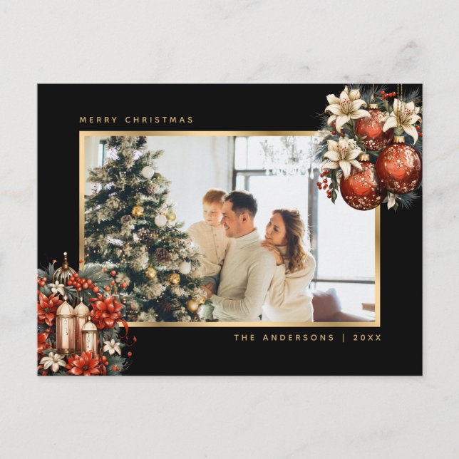 Black Gold Ornaments Botanical Photo Christmas Holiday Postcard (Front)
