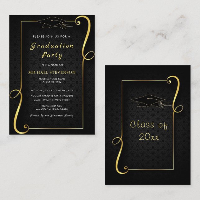 Black Gold Ornaments Framed Graduation Invitation (Front/Back)