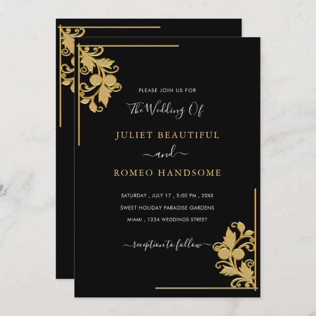 Black Gold Ornaments Wedding Invitation Template (Front/Back)