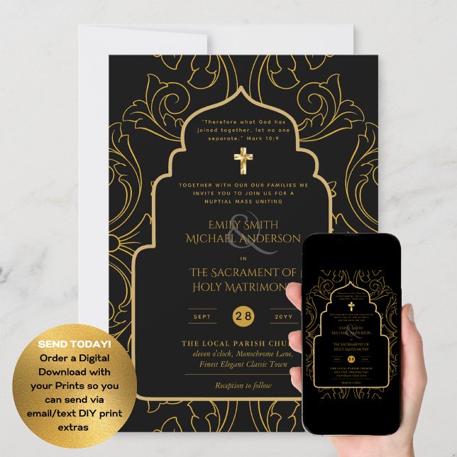 Black Gold Ornate Catholic Nuptial Mass Wedding Invitation (Creator Uploaded)