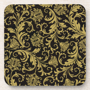 Black & Gold Ornate Floral Damask Design Pattern Coaster