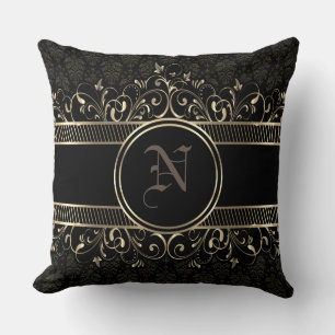 Black & Gold Ornate Gothic Monogrammed Cushion