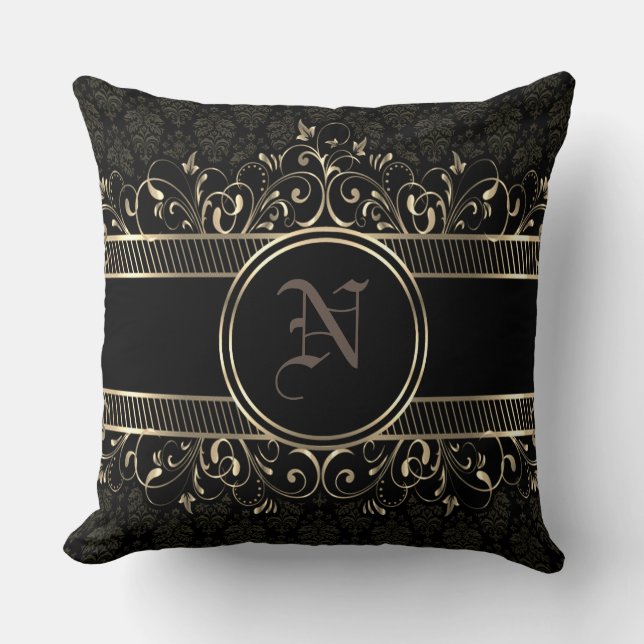 Black & Gold Ornate Gothic Monogrammed   Cushion (Front)