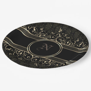 Black & Gold Ornate Gothic Monogrammed  Paper Plate