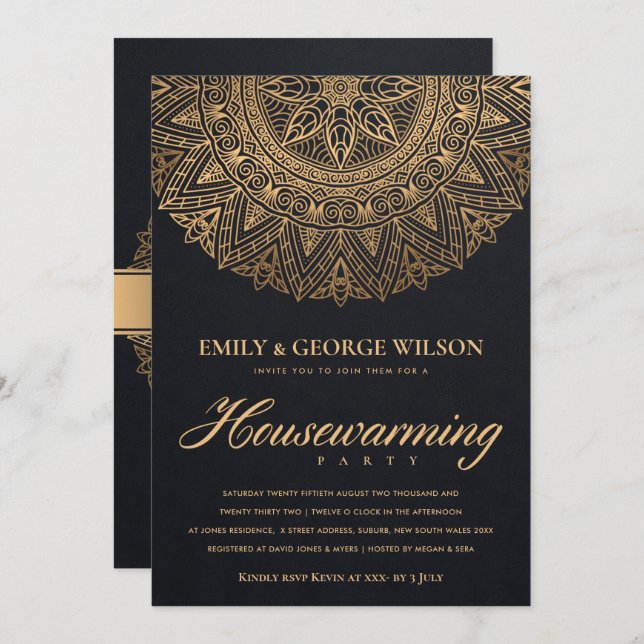 BLACK GOLD ORNATE MANDALA HOUSEWARMING PARTY INVITATION (Front/Back)
