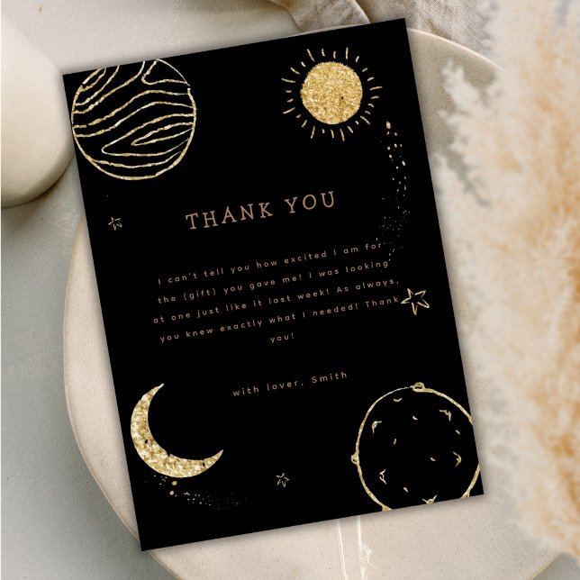 Black Gold Outer Space Moon Star Boy Baby Shower Thank You Card (Black Gold Outer Space Moon Star Boy Baby Shower Thank You Card)
