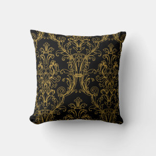 Black Gold Outline 2 Floral Damask Cushion