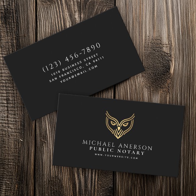 Black Gold Owl Minimal Notary Loan Signing Agent Business Card (Creator Uploaded)