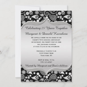 Black Gold Paisley Ornate Frame 25th Anniversary Invitation