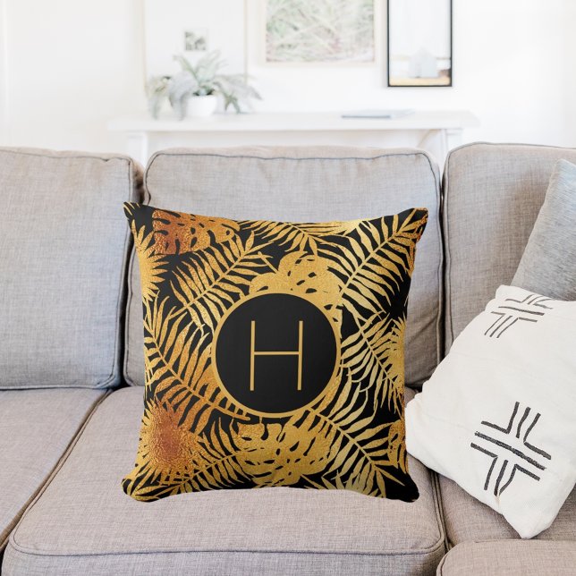 Black gold palm tree leaves monogram cushion (Creator Uploaded)