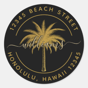 Black & Gold Palm Tree Return Address Classic Round Sticker