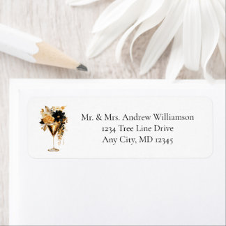 Black Gold Party Cocktails Drink Florals  Return Address Label