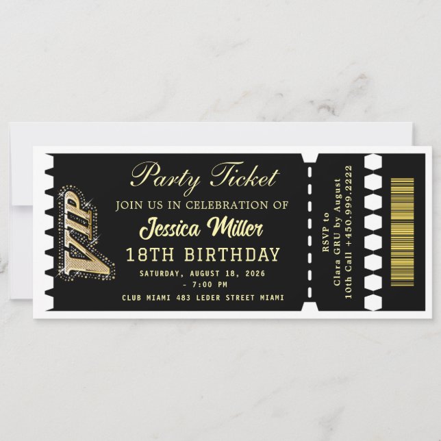 Black & Gold Party Ticket Invitation (Front)