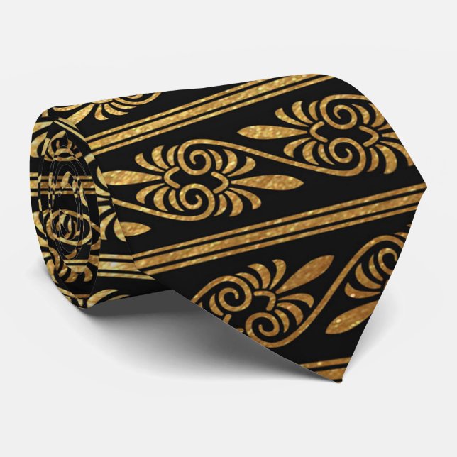 Black gold pattern art deco mens tie (Rolled)