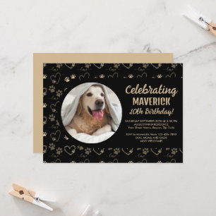 Black Gold Paw Print Dog Birthday Party Invitation