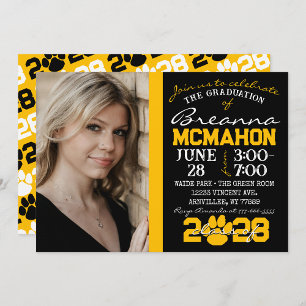 Black & Gold Pawprint Graduation Photo Invitation