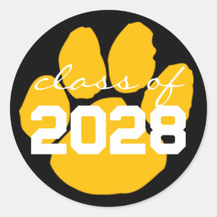 Black & Gold Pawprint Graduation Round Stickers