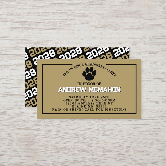 Black & Gold Pawprint Mini Graduation Invites (Black, White & Bronze Gold Pawprint Mini Graduation Invites for Friends, Team Mates or as Inserts!)