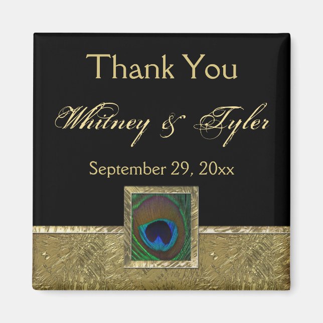 Black, Gold Peacock Feather Wedding Favour Magnet (Front)