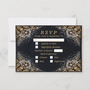 Black Gold Pearl Diamond Bow Luxury Formal RSVP Card