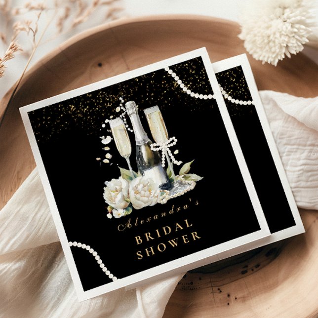 Black Gold Pearls And Prosecco Bridal Shower Napkin (Creator Uploaded)