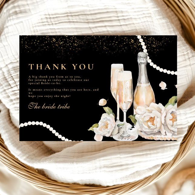Black Gold Pearls And Prosecco Bridal Shower Thank You Card (Creator Uploaded)