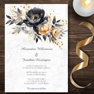 Black & Gold Peonies on Marble Wedding  Invitation