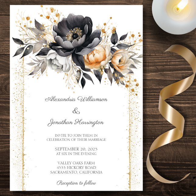 Black & Gold Peonies with Glitter Effect Wedding  Invitation (Creator Uploaded)