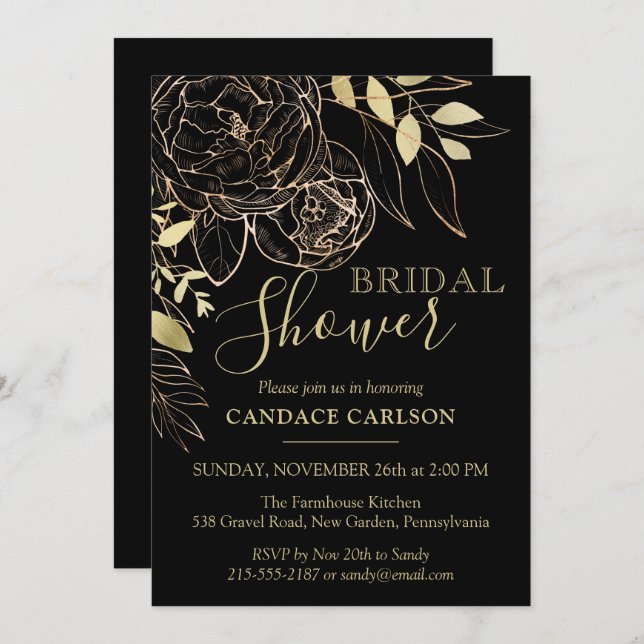 Black & Gold Peony Modern Floral Bridal Shower Invitation (Front/Back)