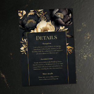 Black & Gold Peony Wedding Details Card