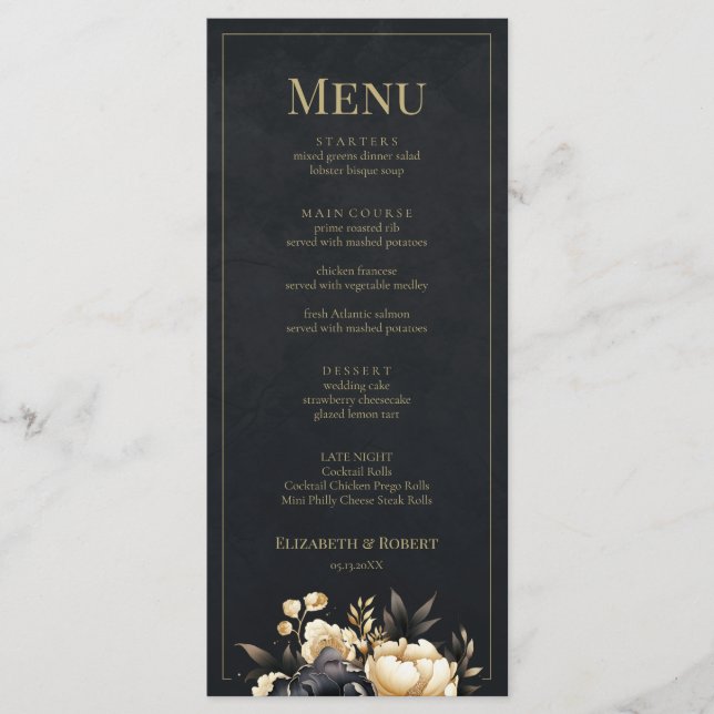 Black & Gold Peony Wedding Menu Card (Front)