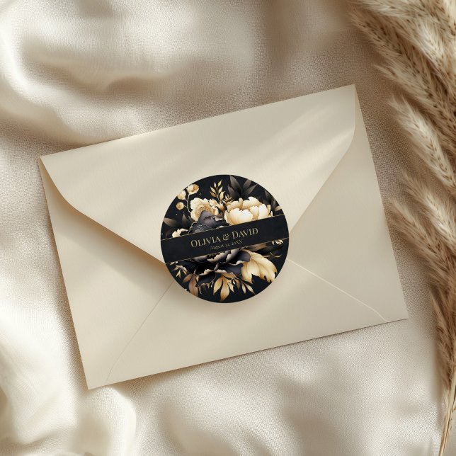 Black & Gold Peony Wedding Round Sticker (Black & Gold Peony Wedding Round Sticker on an elegant wedding envelope)