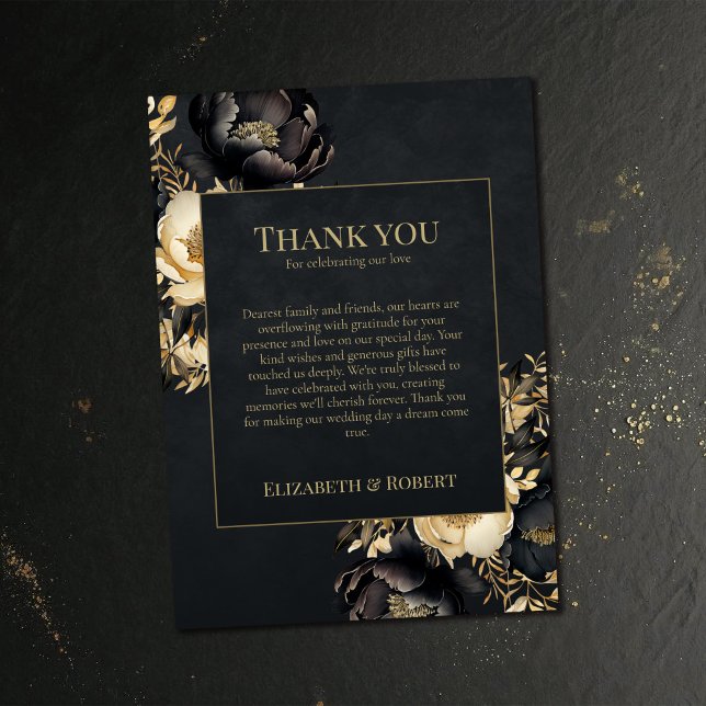 Black & Gold Peony Wedding Thank You Card (Black & Gold Peony Wedding Thank You Card on a dark vintage wedding table.)