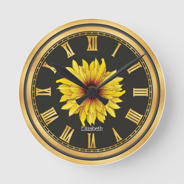 Black Gold Personalised Beautiful Sunflower    Round Clock (Front)