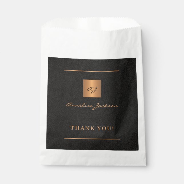 Black gold personalised monogram name script favour bag (Front)