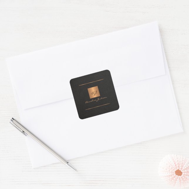 Black gold personalised monogram name script  square sticker (Envelope)