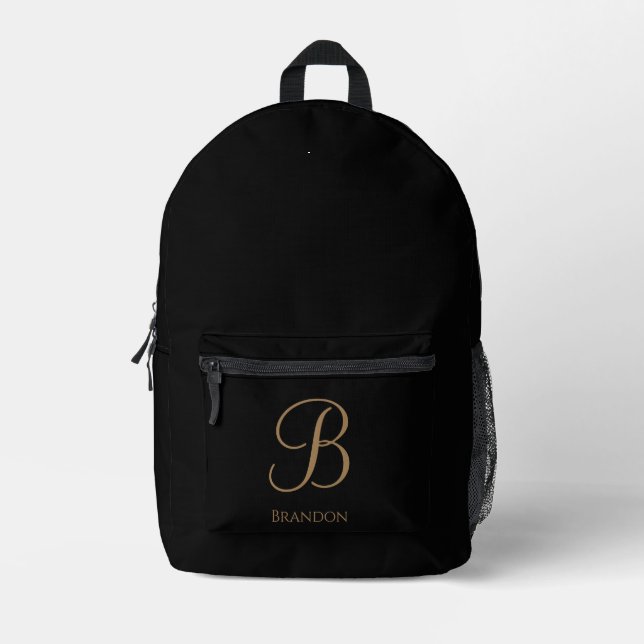 Black Gold Personalised Name and Monogram Printed Backpack (Front)