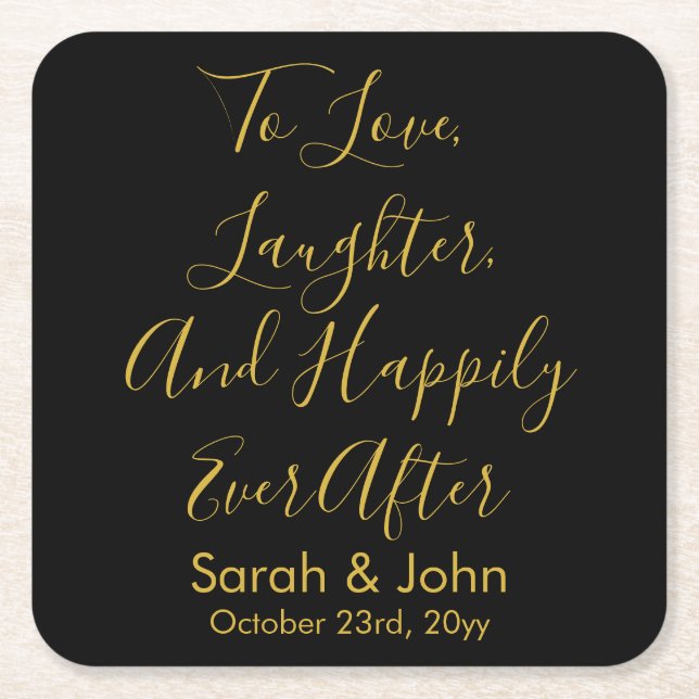 Black Gold Personalised Script Wedding Reception  Square Paper Coaster (Front)