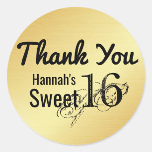 Black & Gold Personalised Sweet 16 Thank You Classic Round Sticker