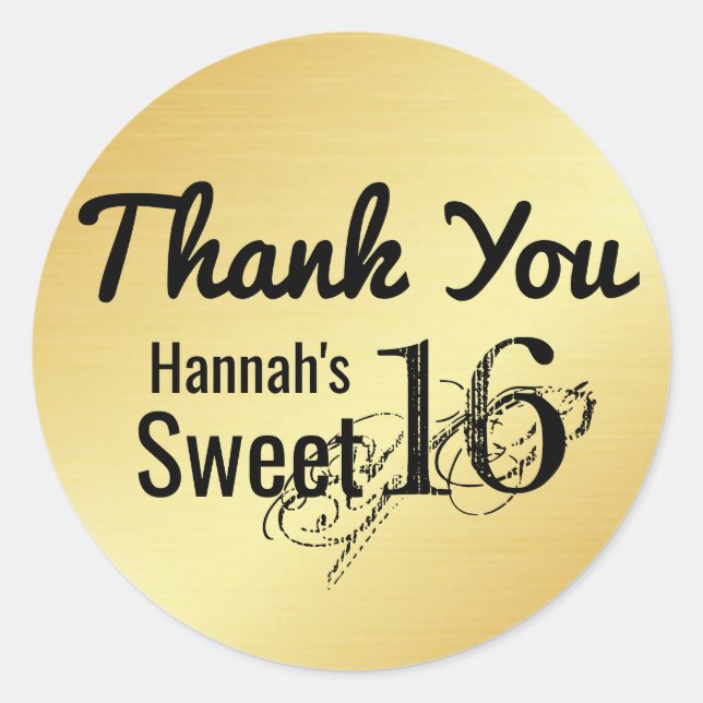 Black & Gold Personalised Sweet 16 Thank You Classic Round Sticker (Front)
